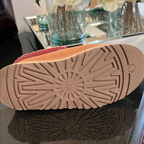 UGG Tasman II Chestnut Suede Slip-Ons with Red Patterned Trim platform slippers - Picture 8 of 15